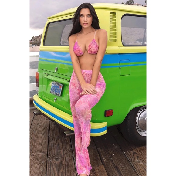 Pink Mesh 4 Piece Cover Up & Bikini Set XS New - Picture 3 of 6